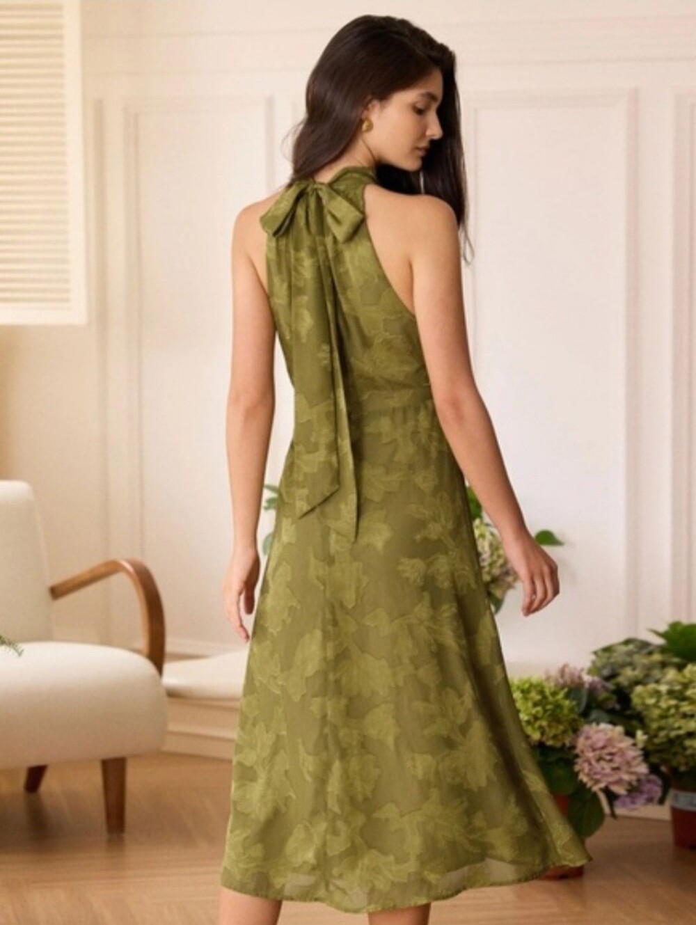 NWT Rihoas Green Jacquard Floral Halter Midi Dress, XL